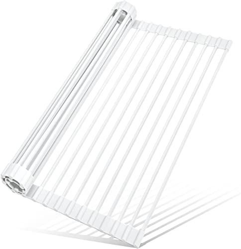 MERRYBOX Escurreplatos enrollable recubierto de silicona para sobre el fregadero, escurreplatos plegable, antideslizante, para encimera de cocina, escurreplatos multiusos, 52,1 x 33 cm, blanco