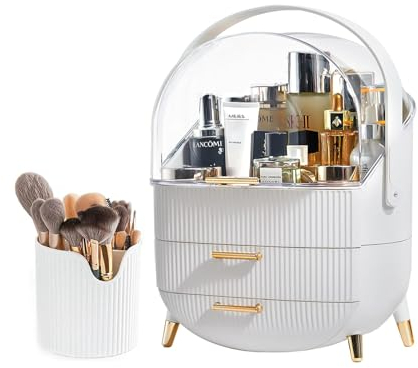 SIOOUI Makeup Organiser, Clear Cover Cosmetic Display Case with 2 Drawers & Brush Holder - Waterproof & Dustproof Skincare Organisers for Bathroom Countertop, Bedroom Vanity Desk (White)