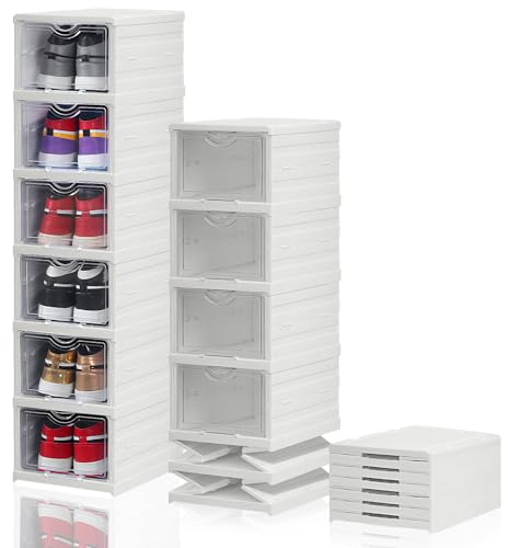 HOTOOLME Shoe Boxes Stackable Foldable Shoe Box 6 Pcs Plastic Clear Shoe Boxes, Shoe Storage Box,Shoe Storage Organiser for Women Men,Fit up to UK Size 11