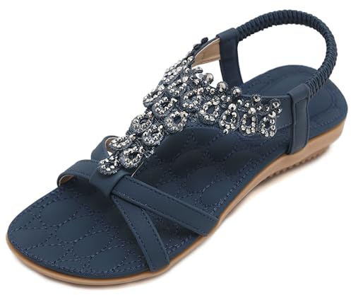 Amissz Women Sandals Flat Shoes Comfort Walking with Non Slip on Casual Summer Beach Sandals Dress Ankle Elastic Open Toe Rhinestone Bohemian Navy blue Size 3.5