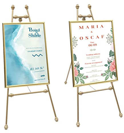 MEHOOSPVN 2 caballete dorado para carteles de boda y carteles, caballete portátil, estructura triangular estable, longitud de cadena ajustable, trípode de metal, estudio de pintura, espectáculo de