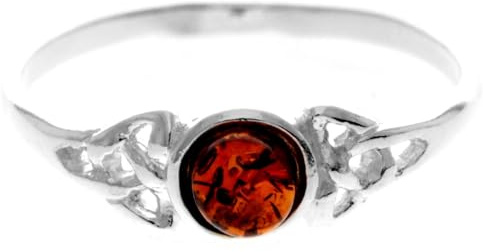 Silver Amber Jewellery - 925 Sterling Silver and Cognac Baltic Amber Classic Celtic Stone Delicate Ring - UK Rng Size U - 7588U