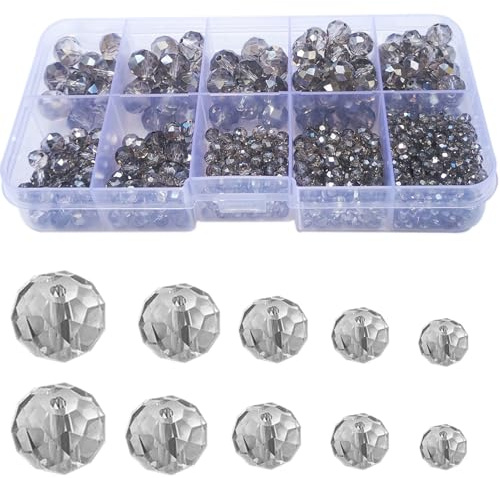Gocelyn Kristallglas facettierte Perlen in AB-Farbe (Grau), Rondelle Assorted Supplies Spacer Lose Perlen für Schmuckherstellung Erkenntnisse Armbänder Anhänger (2 mm, 4 mm, 6 mm, 8 mm, 10 mm)