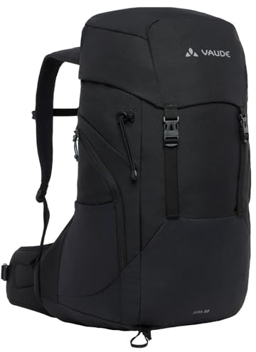 VAUDE Jura 32 – Wanderrucksack für Damen & Herren mit 32 Liter Volumen, belüfteter Netzrücken mit Regenhülle, ErgoShape-Schultergurte & Recyceltes Material – für Tagestouren - black