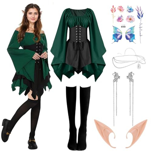 Robe médiévale pour femme - Costume traditionnel irlandais gothique avec oreilles d'elfe - Accessoires de cheveux - Chaussettes - Robe d'elfe - Cosplay pour fille - Halloween - Carnaval - Taille XL