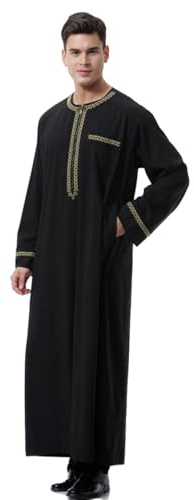 KRUIHAN Thobe Uomo Nero con Ricamo Dorato – Abito da Preghiera Islamico per Eid, Hajj e Cerimonie – Vestito Arabo Lungo Traspirante in Poliestere, Taglie M-3XL
