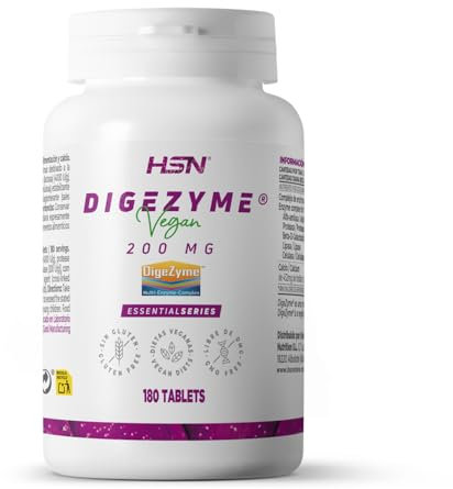 HSN Digezyme 200 mg Vegane Verdauungsenzyme | 180 Tabletten | Digezyme®-Patent (Amylase, Protease, Laktase, Lipase, Cellulase) | Verdauung von Proteinen, Kohlenhydraten, Fetten und Zellulose