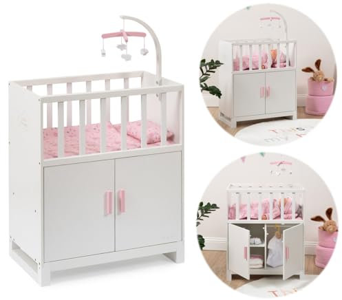 Puppenbett Cozy mit Schrank und Mobile aus Holz (Weiß-Rosa)