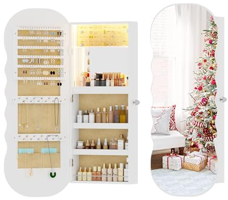 Lvifur Schmuckschrank hängend mit LED-Beleuchtung,LED abschließbarer Schmuckschrank mit Spiegel,Wandmontage Schmuckspiegel für Ohrring, Halskette,Weihnachten