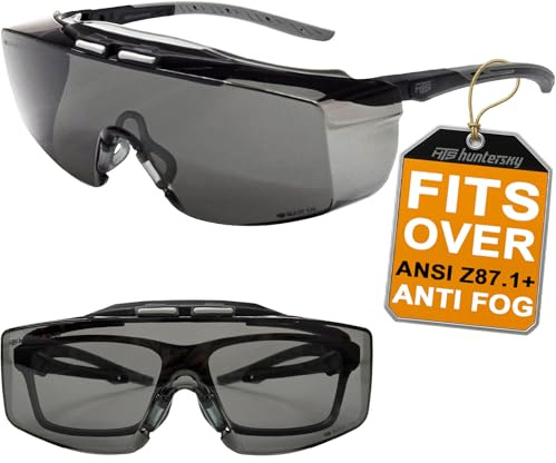 HTS HUNTERSKY 3906 ANSI Z87.1+ Anti Fog Lab Over Eyeglasses Safety Glasses Smoke Tinted Impact Resistant Lens Integrated Side Shields UV Protective OTG Goggles