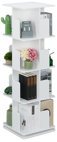 Relaxdays Weißes Bücherregal, 360 Grad drehbar, 4 Ebenen, Bücher, CDs, Deko, HBT: 125,5x39x39 cm, Wohnzimmer Drehregal, Weiß