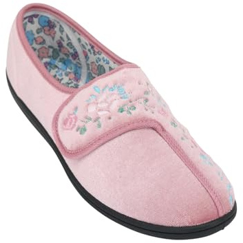 Chums Ladies Dr Keller Wide E Fit Embroidered Touch Fasten Slipper – Soft & Cosy with Floral Lining Pink 5