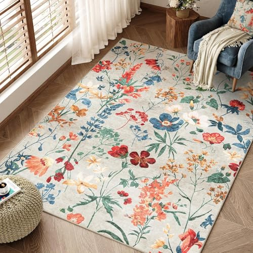 HUGEAR Beige Waschbarer Teppich Blumenmuster 150x80cm Blumen Boho Neutral Modern Rugs for Living Room Weich rutschfest Groß Tepich Kurzflor Schlafzimmer Carpet Esszimmer Bedroom Teppiche Büro