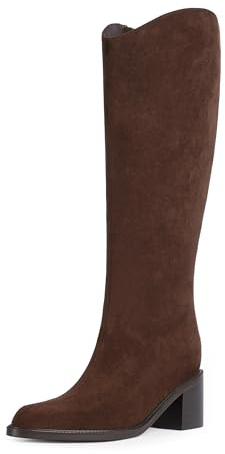Modatope Brown Suede Knee High Boots for Women Pointed Toe Chunky Block Heel Tall Boots Side Zipper Low Heel Long Boot Size 8