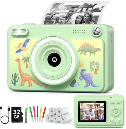GREENKINDER Camara Fotos Infantil Instantanea,HD/1080P Cámara Instantánea para Niños con Tarjeta de 32GB y 5 Rollos de Papel Térmico,Camara Fotos Infantil Regalos de Juguete para Niños de 3 a 12