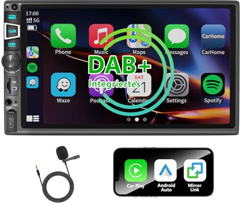 7 Zoll Doppel Din Autoradio mit drahtlosem CarPlay & Android Auto, Bluetooth, Full-Touch-Autoradio-Display FM, DAB+ und Mikrofonunterstützung