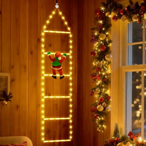 Ninonly Kletternder Weihnachtsmann LED Weihnachtsbeleuchtung mit 8 Lichtmodi Fernbedienung und Timer für Drinnen und Draußen,Balkon,Fensterdekoration(Stufenstreifen warmweiß)