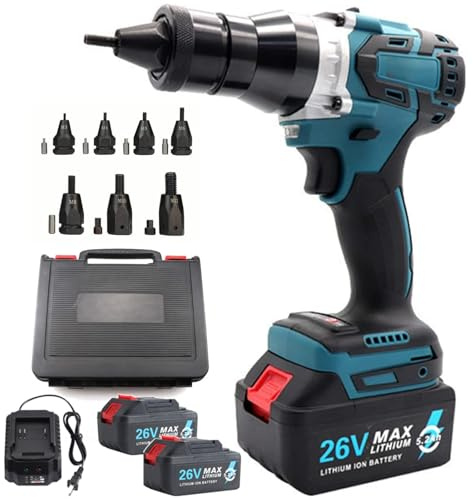 Remachadora de Tuercas a Batería y Eléctrica Portátil - Juego Profesional con Cargador para Tuercas Remachables M3, M4, M5, M6, M8, M10, M12 en Acero (5200mAh, 2 Batería)