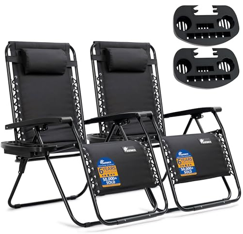 SUNMER Padded XXL Sun Lounger Garden Chairs - Extra Wide Set of 2 Zero Gravity Chairs with Cup & Phone Holder, Adjustable Headrest & Pillow - Folding Deck Recliner Outdoor Seating - Black