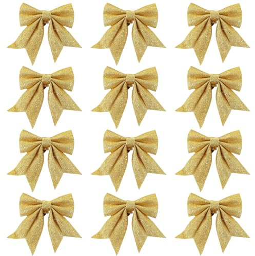 SSKHE 12 lazos de Navidad, lazos dorados champán con lentejuelas para adornos decorativos de Navidad, decoración de árbol de Navidad, suministros de fiesta en el hogar