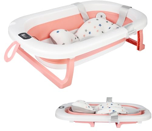 Belfoyer Baignoire Bébé Pliable avec Thermomètre – Bassine de Bain Bébé Pliable sur Pied ou au Sol, Confortable & Sécurisée avec Coussin Doux, Drainage Facile, Gain de Place, 0-36 Mois（WX17401）
