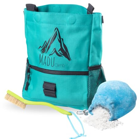 Madu Climb - Boulder Bucket - Bolsa grande de tiza autónoma con cierre magnético, forro polar, bolsillos con cremallera, incluye cepillo de escalada y bola de tiza recargable (verde azulado)