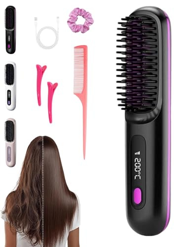 Go Brush Pro Mini Brosse Chauffante Sans Fil, Naelyah Brosse Lissante Portable Avec Affichage Lcd, Rechargeable Anti-Brûlure Fer à Lisser En Céramique Pour Tous Les Types De Cheveux (Noir,Style 1)