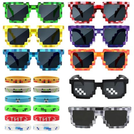 SKIKHN 8 stycken pixlar solglasögon färgglada och 12 spel pixlar silikonarmband, mosaik Thug Life glasögon färgglada, partyglasögon, för födelsedagsdekoration, temafester, konserter, festivaler