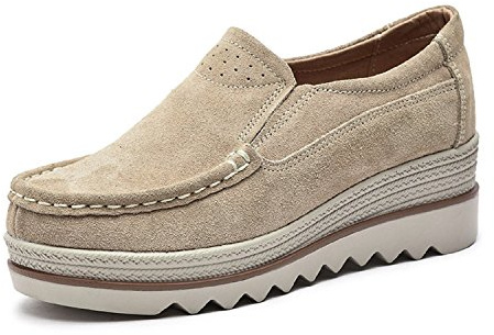 LILY999 Mocassini Donna in Pelle Scamosciata Moda Comode Loafers Scarpe da Guida con Zeppa Plateau 5cm Nero Blu Cachi(Cachi,35 EU)