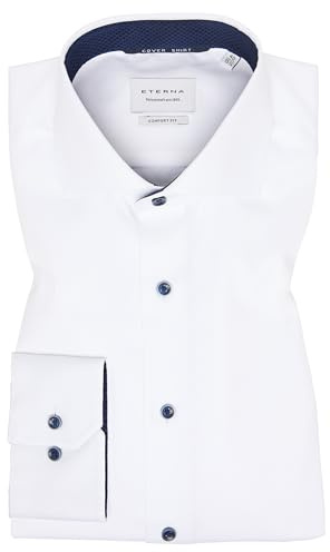 eterna - Camisa de manga larga para hombre, cuello Kent, monocromo, con parche de contraste Blanco 01 44