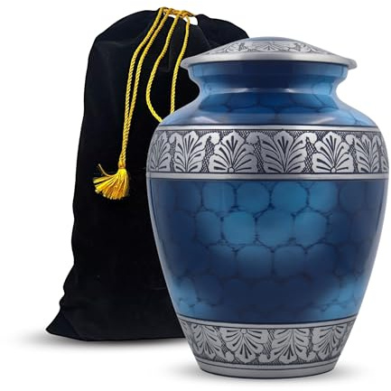 Urne funéraire gravée en argent pour cendres humaines – Fabriquée à la main – Grande urne funéraire funéraire (19,1 x 19,1 x 24,1 cm – 90,7 kg ou 91 kg, bleu nuage) – Sac inclus