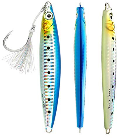 OCEAN CAT 1 Stück Langsam fallende Blei Metall Flach Angeljigs Köder sinkend Vertikaler Jigg-Köder mit Kreishaken für Salzwasser Angeln (Blau & Silber, 220 g)