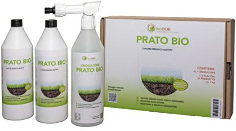 BIOBOB PRATO BIO - Concime biologico per prato, concentrato, con pratico erogatore di facile utilizzo. Nutrimento base per la crescita e il risveglio del tuo prato (2 Flaconi + 1 Erogatore)