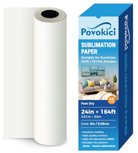 POVOKICI Dye Sublimation Paper Roll Fast Dry 95gsm 24in x 164ft 2 Core for F570 Heat Transfer Printing US Stock