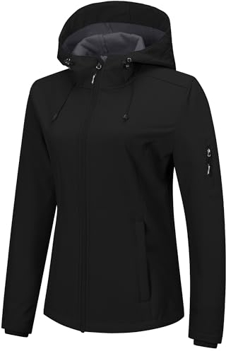 Outdoor Ventures Jacke Damen Wasserdichte Atmungsaktiv Softshelljacke - Übergangsjacke Winddichte Regenjacke Funktionsjacke mit Kapuze Schwarz M