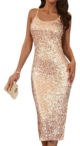 GRACE KARIN Damen Lang Pailletten Partykleid Ärmellos Glitzer Abendkleid für Hochzeit Champagner Gold 48