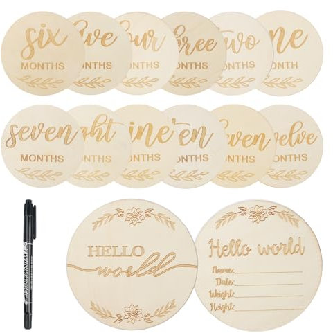 15 Stück Blume Meilensteinkarten Baby Set, Monate Baby-Ankündigungsschild, Neugeborenen-Schild Holzscheiben, Runde Holz Geburtsanzeige Schilder, Baby Hölzerne Willkommensschild für Babyparty