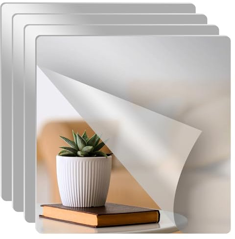 ALFFREUDE Juego de 4 espejos autoadhesivos de 20 x 20 cm, lámina de espejo acrílico, autoadhesivos, para baño, salón, baño, dormitorio