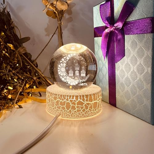 FUFRE Ramadan, sfera decorativa a LED di cristallo, decorazione eid mubarak, 6 cm, alimentazione USB, sfera di cristallo con base, decorazione musulmana per bambini, amici, coppie, compleanni
