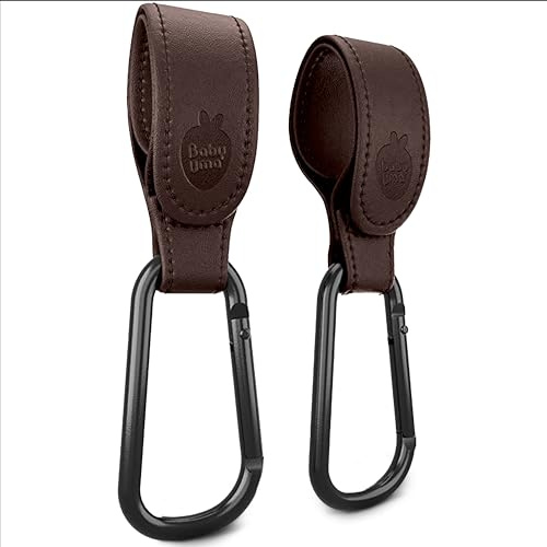 Baby Uma Kinderwagenhaken aus veganem Leder (2er-Pack) - Universelle Kinderwagen Haken für Taschen, Rutschfeste Klettverschlüsse, Stabile Karabinerhaken mit 5 kg Tragkraft (Dunkelbraun)