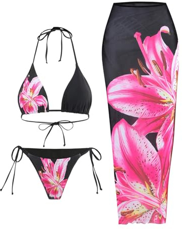 GORGLITTER Women's Floral Swimsuits High Waisted Bikini Set 3 Piece Halter Triangle Tie Side Thong with Cover Up Skirt Pink and Black M
