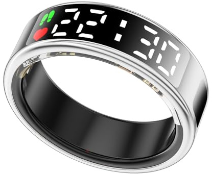 Smart ring för kvinnor män med LED-skärm, fitnessring med hjärtfrekvens/sömn/sport/vattentät 5ATM klass, hälsospårare för iPhone och Android (Silver, 12)
