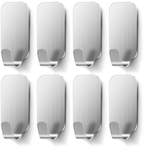 MACOLE Self Adhesive Hooks, Extra Strong Stick On, Heavy Duty Stainless Steel, No Drill Rustproof, Sticky on Wall Door for Hanging Towel Coat Hat Bag Keys in Bedroom Bathroom Kitchen, Silver 8 Pack