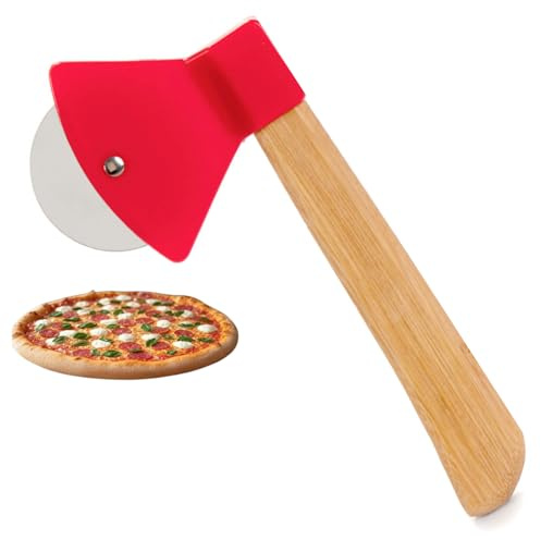 Andinus Tagliapizza a Forma di Ascia - Manico in Legno, Testa in plastica Rossa, Regalo Originale per Chef e Amici
