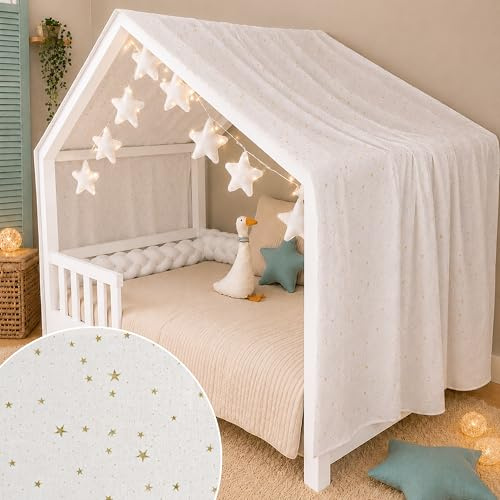 YellowNest Tenda per Letto Montessori - Tenda Letto Bambini per Letto 70x140cm y 80x160cm - 100% Mussola di Cotone - Con Ghuirlanda (Bianco Ghirlanda, 130 x 320 cm)