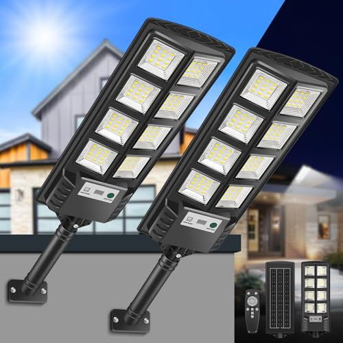 VOPHICHO Lampione Solare Esterno 2 Pezzi, 6000K Lampione LED con Pannello Solare, Faro Stradale Esterno IP66 Impermeabile Luce Solari con Sensore di Movimento e Telecomando per Giardino Sentieri