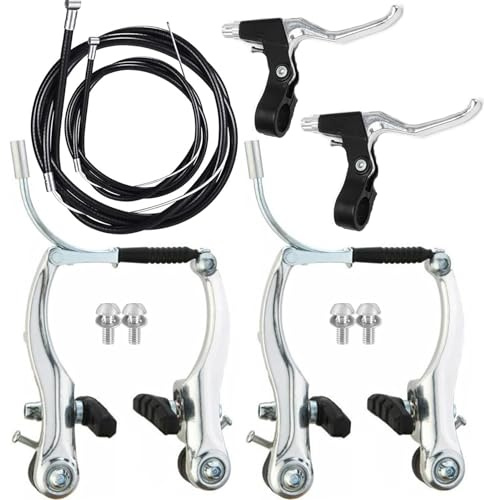 Anhoer Cykelbromssats silver komplett fram- och bakcykel MTB hybrid broms inre och yttre kablar och spaksats med legeringsspakar V-bromsar för BMX mountainbike