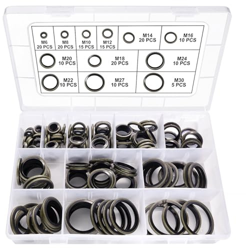YIXISI 165 Stücke 12 Größen M6 / M8 / M10 / M12 / M14 / M16 / M18 / M20 / M22 / M24 / M27 / M30 Bonded Seal Dichtring Kit, Metallgummidichtungs-Ölring, für Zentral-Hydraulik, Servolenkung