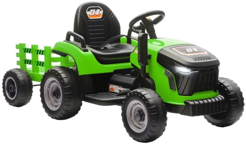 AIYAPLAY Tracteur Électrique Enfants avec Remorque Amovible 6 Pneus Vert | Voiture Électrique Enfants, Télécommande 2,4G, Lumière LED, Musique, Klaxon, 3 Vitesses, Démarrage Lent, 3 à 8 Ans