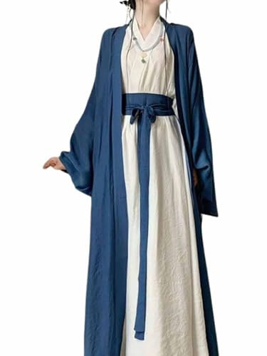 Large Size 6XL Cotton&Linen Hanfu Dress Women Chinese Vintage Hanfu Robe Cosplay Costume (Blue-white set, S)